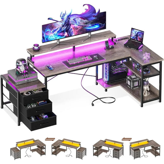 L Shaped Gaming Desk with LED Strip and Drawers