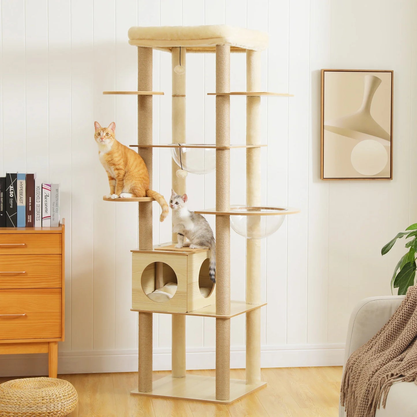 Elegant 180cm Wooden Cat Tree Tower with Cozy Perch and Pompoms for Multi Cat Families